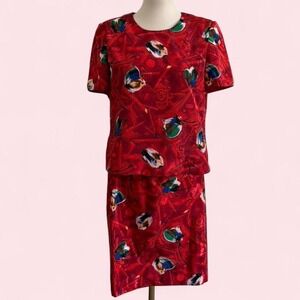 Vintage Red Abstract Floral Print Two-Piece Midi Dress Set — Size L